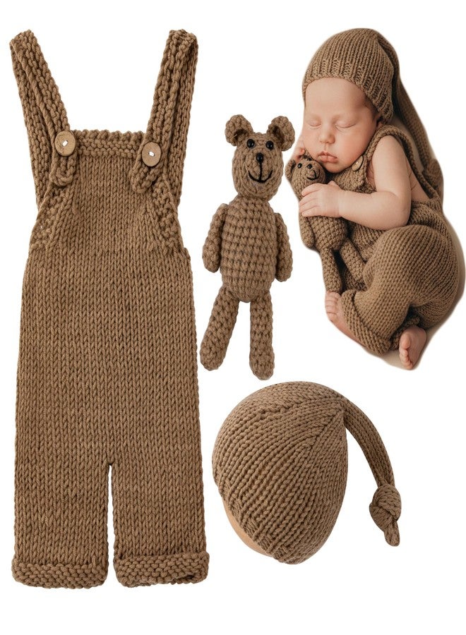Vemonllas Newborn Photography Outfits Boys Girls Photoshoot Props Baby Photo Props Crochet Bear Hat Romper Costume Set (Camel) - Image 1